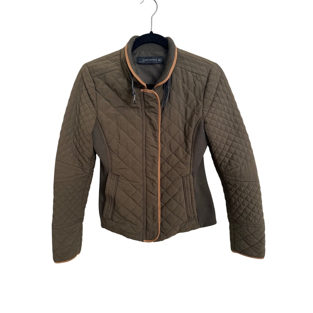 Zara Woman Olive Brown Diamond Quilted Puffer Jacket Moto Small RN 77302